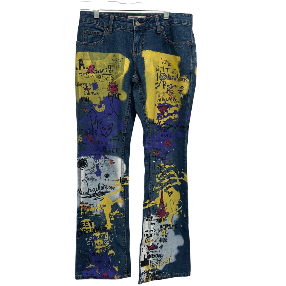 Old Navy Y2K Flare Jeans 2001 Blue Graffiti Paint Splatter Cotton Size 2